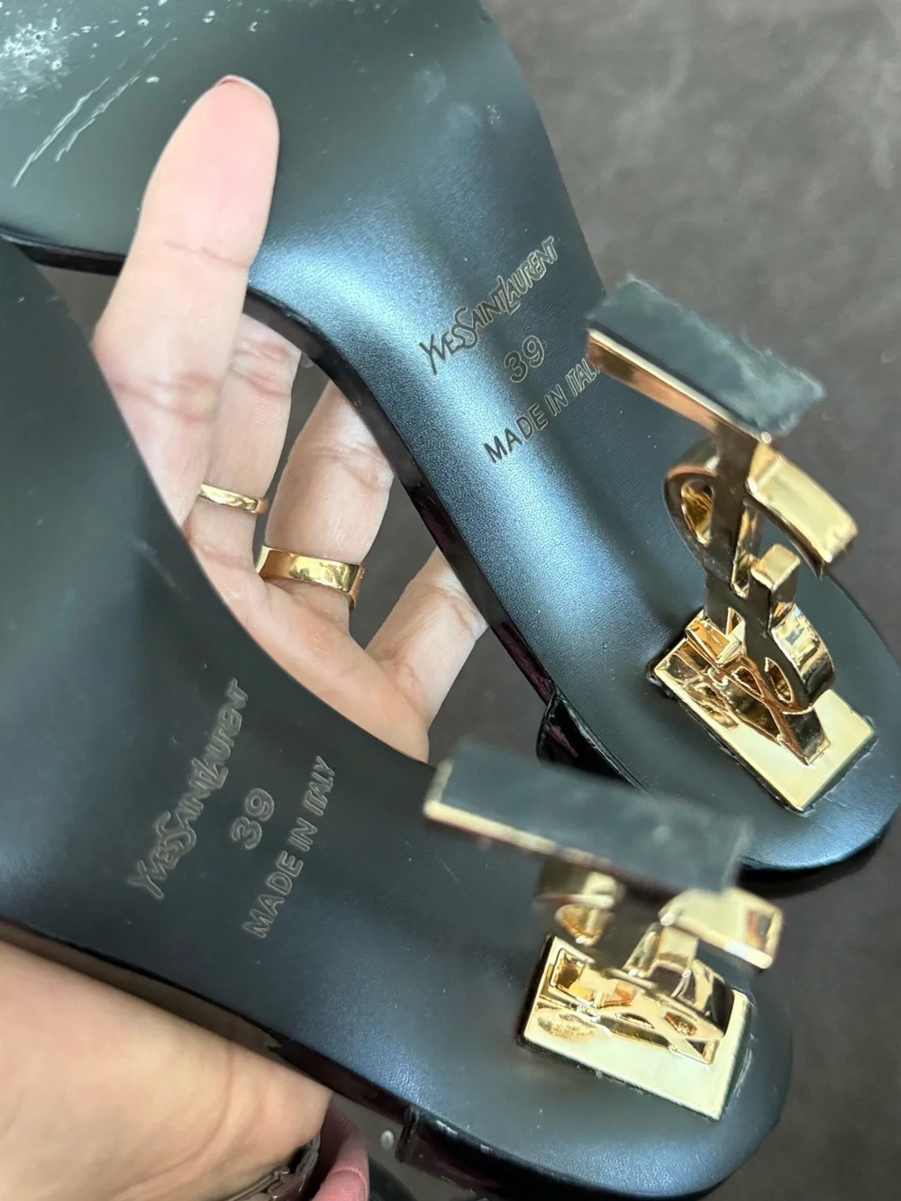 Louis Vuitton Black Patent Sandals with Gold LV Logo Heels